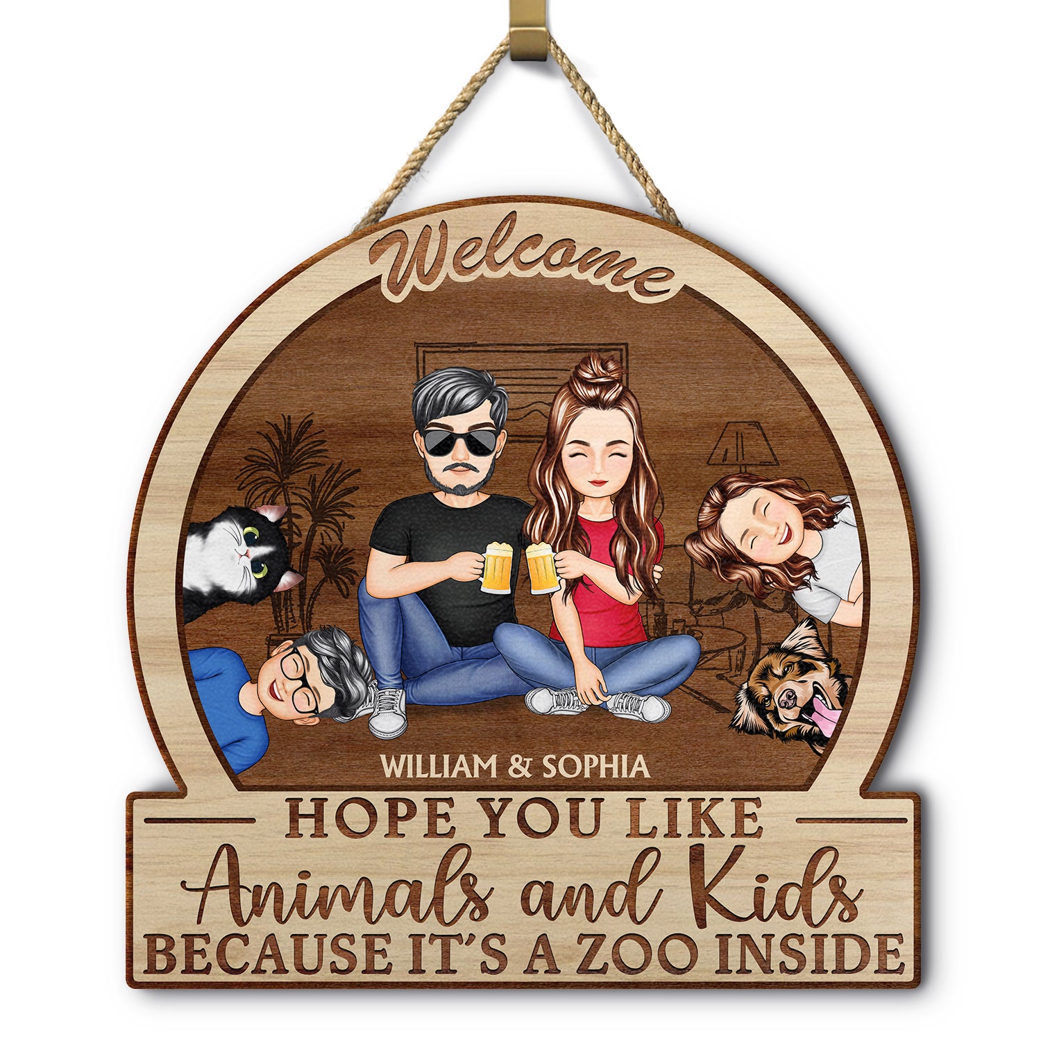 Family Hope You Like Animals And Kids - Anniversary, Birthday, Home Decor Gift For Husband, Wife, Couple Pet Loves - Personalized Custom Shaped Wood Sign