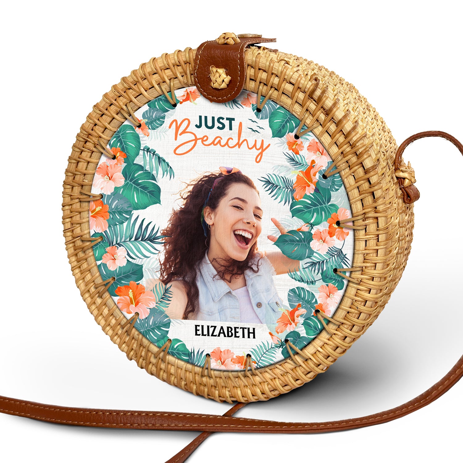 Custom Photo Just Beachy Vacation Mode On - Gift For Her, Travel Lovers - Personalized Custom Round Rattan Bag