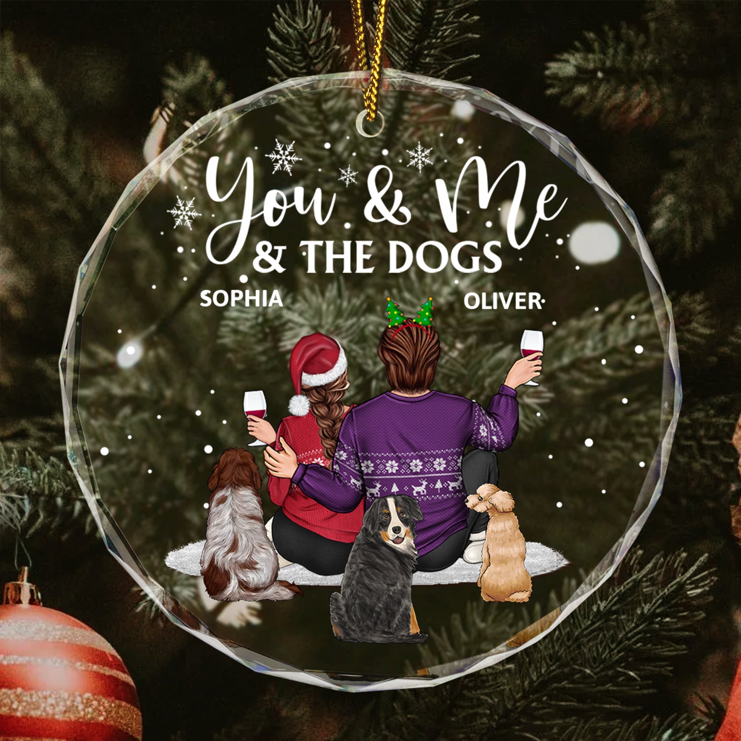 You And Me And The Dogs - Anniversary, Loving Gift For Couples, Dog Lovers, Cat Lovers, Pet Lovers - Personalized Circle Glass Ornament