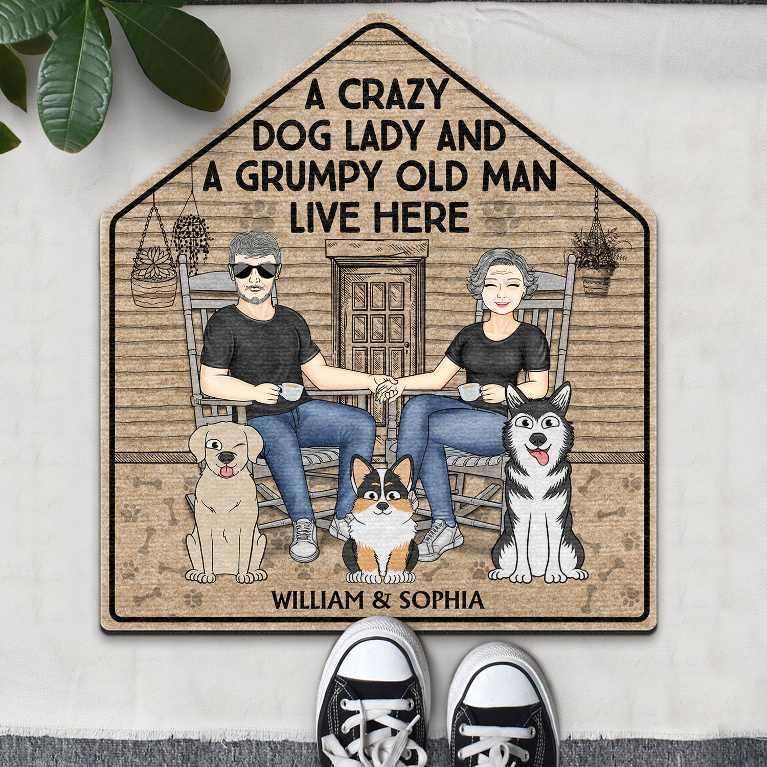 A Crazy Dog Lady And Her Grumpy Old Man Live Here - Gift For Couples, Pet Lovers And Family - Personalized Custom Shaped Doormat