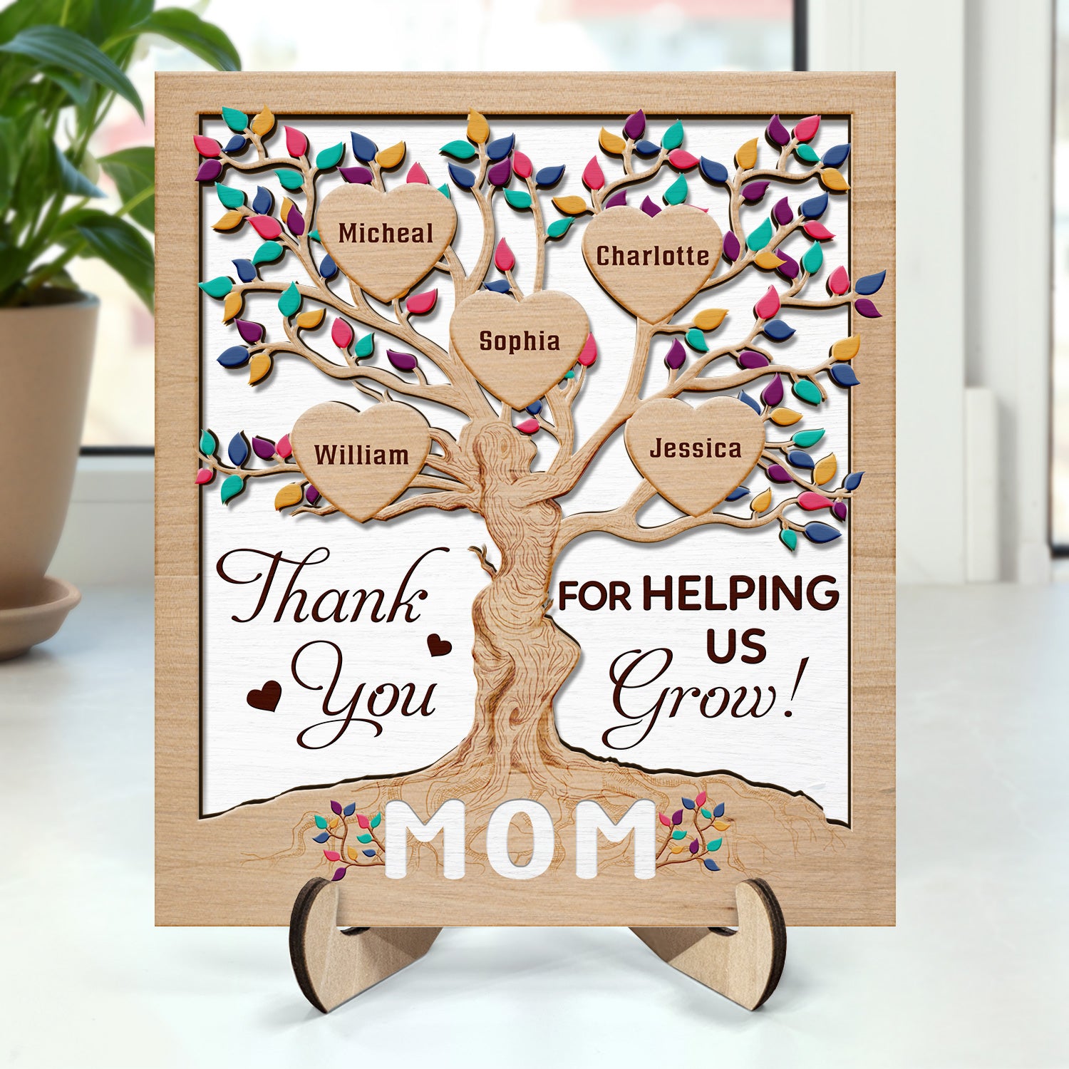 Heart Tree Mom - Birthday, Loving Gift For Mother, Grandma, Auntie - Personalized 2-Layered Wooden Plaque With Stand