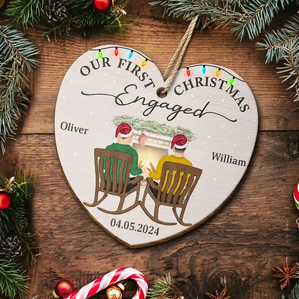 Premier Noël pour les fiancés - Décoration en bois personnalisée