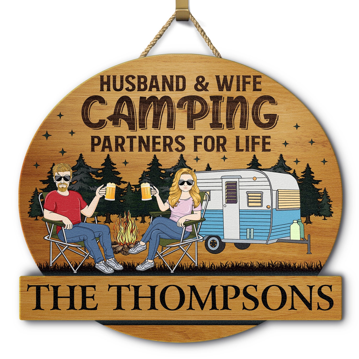 Camping Couple Husband & Wife Camping Partners For Life - Anniversary, Vacation, Funny Gift For Campers - Personalized Custom Shaped Wood Sign