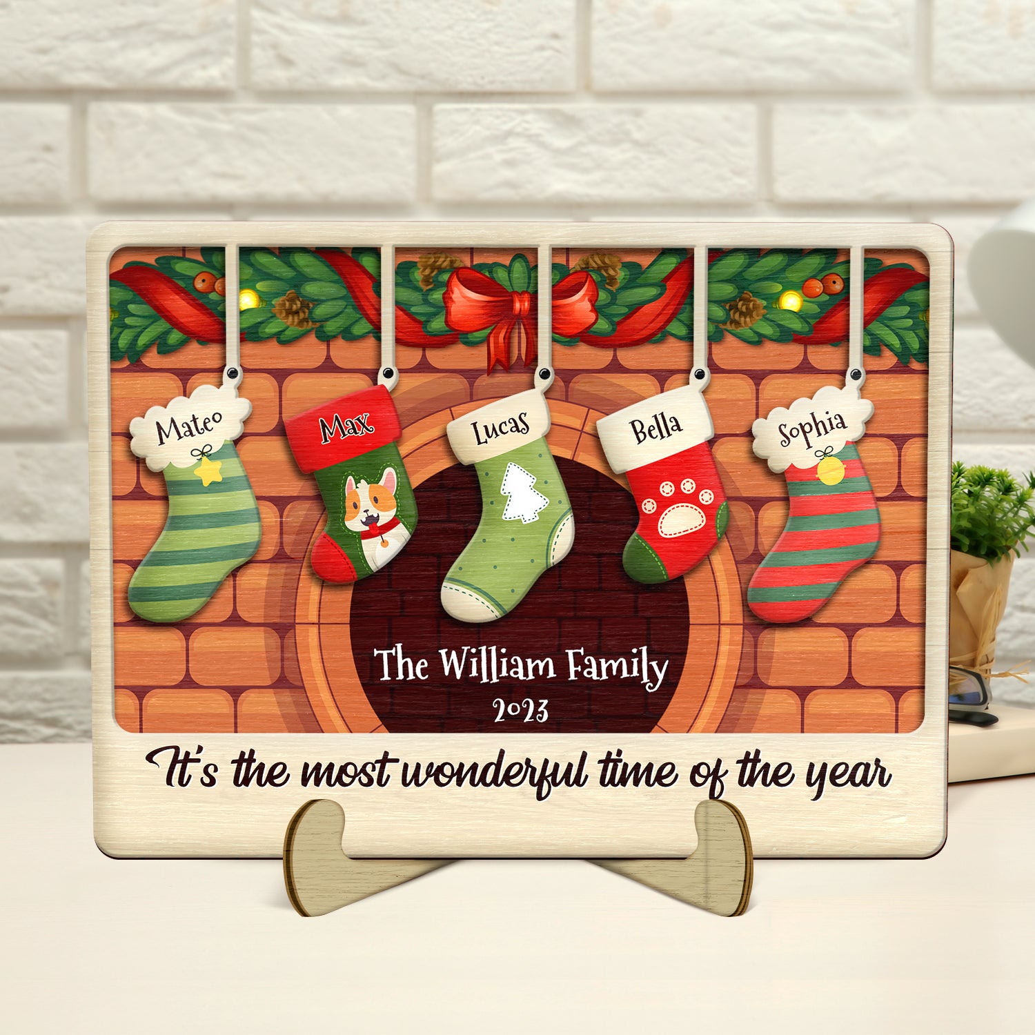 Stockings Hanging The Most Wonderful Time Of Year - Gift For Family - Personalized 2-Layered Wooden Plaque With Stand