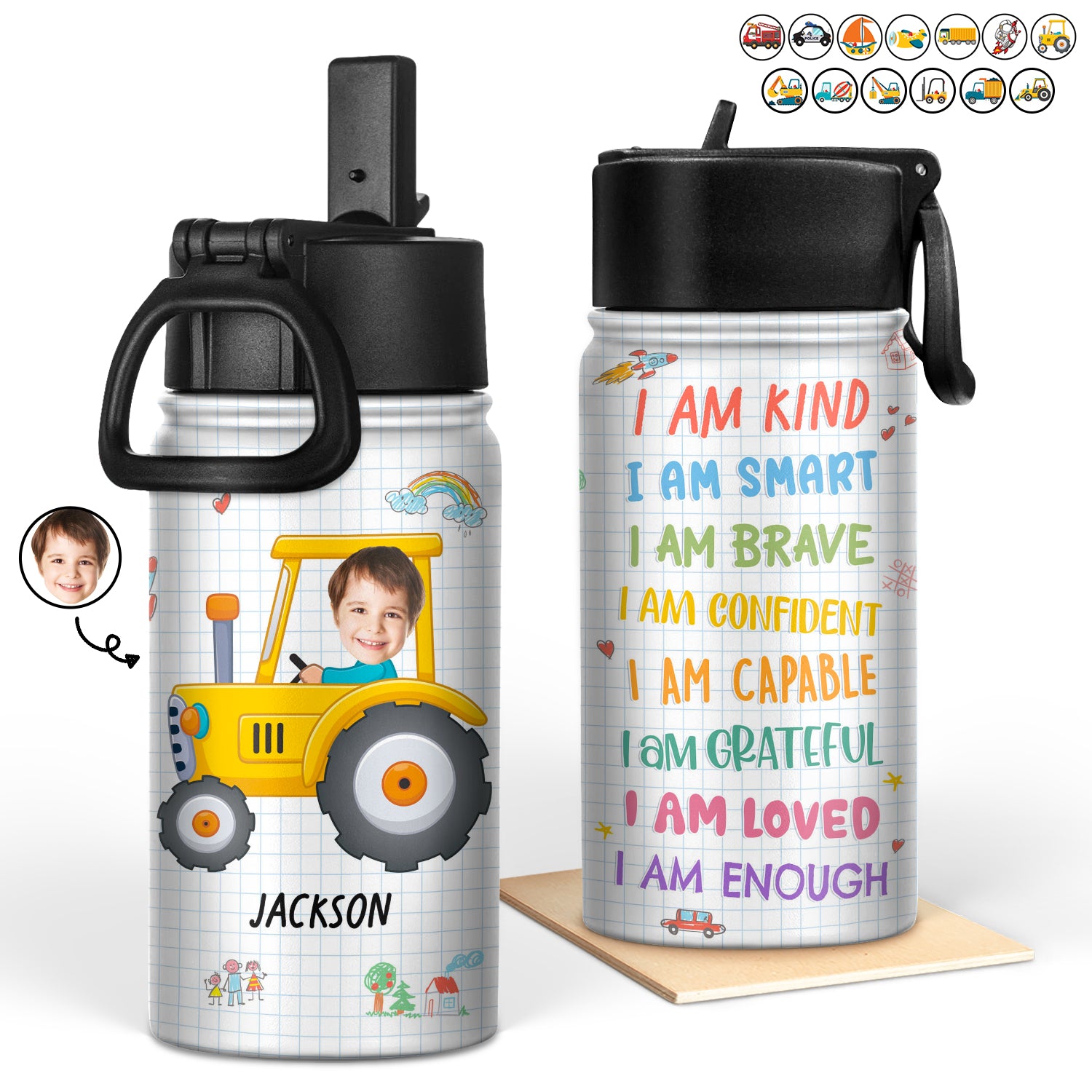 Custom Photo Vehicle I'm Kind Smart Brave Confident - Gift For Kid - Personalized Kids Water Bottle