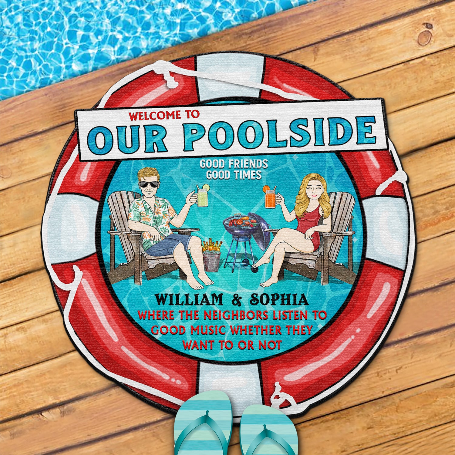 Poolside Grilling Listen To The Good Music - Outdoor Decor For Couples, Swimming Pool - Personalized Custom Shaped Doormat