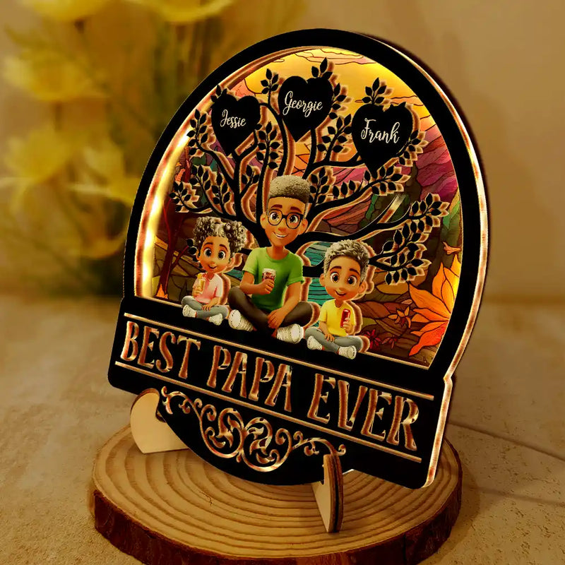 Gift For Father, Gift For Grandpa, Happy - Best Dad Grandpa Ever - Personalized LED Light Wooden Plaque