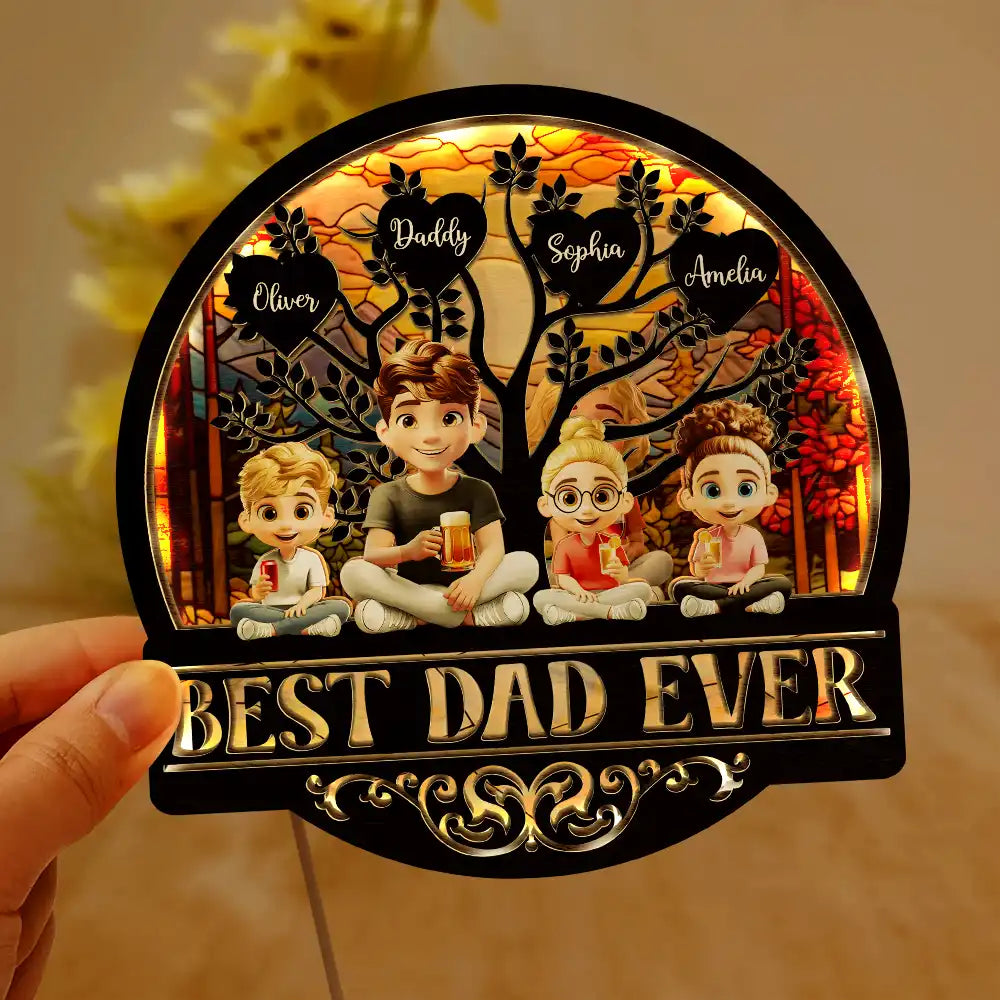 Gift For Father, Gift For Grandpa, Happy - Best Dad Grandpa Ever - Personalized LED Light Wooden Plaque