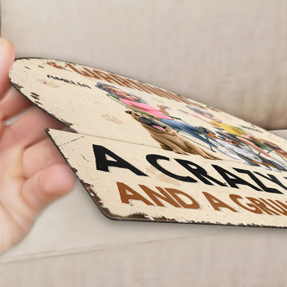 Dog Lovers,Dog Mom,Dog Dad,Dog Couple,Happy - Beware A Crazy Dog Lady And Grumpy Old Man Live Here - Personalized Custom Shaped Metal Sign