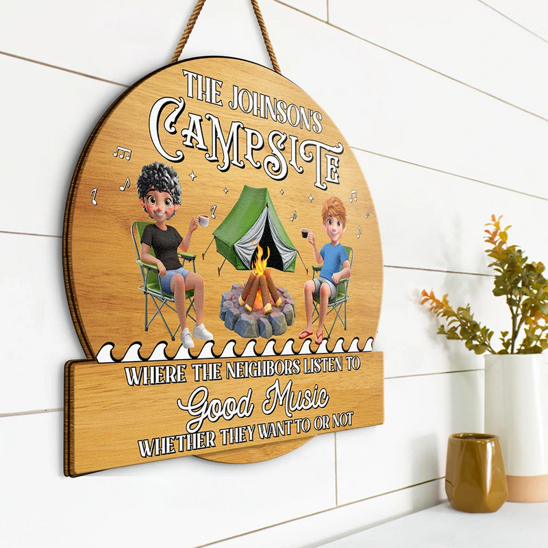 Camping Firepit Couple Where Music Gets Played - Personalized Custom Shaped Wood Sign