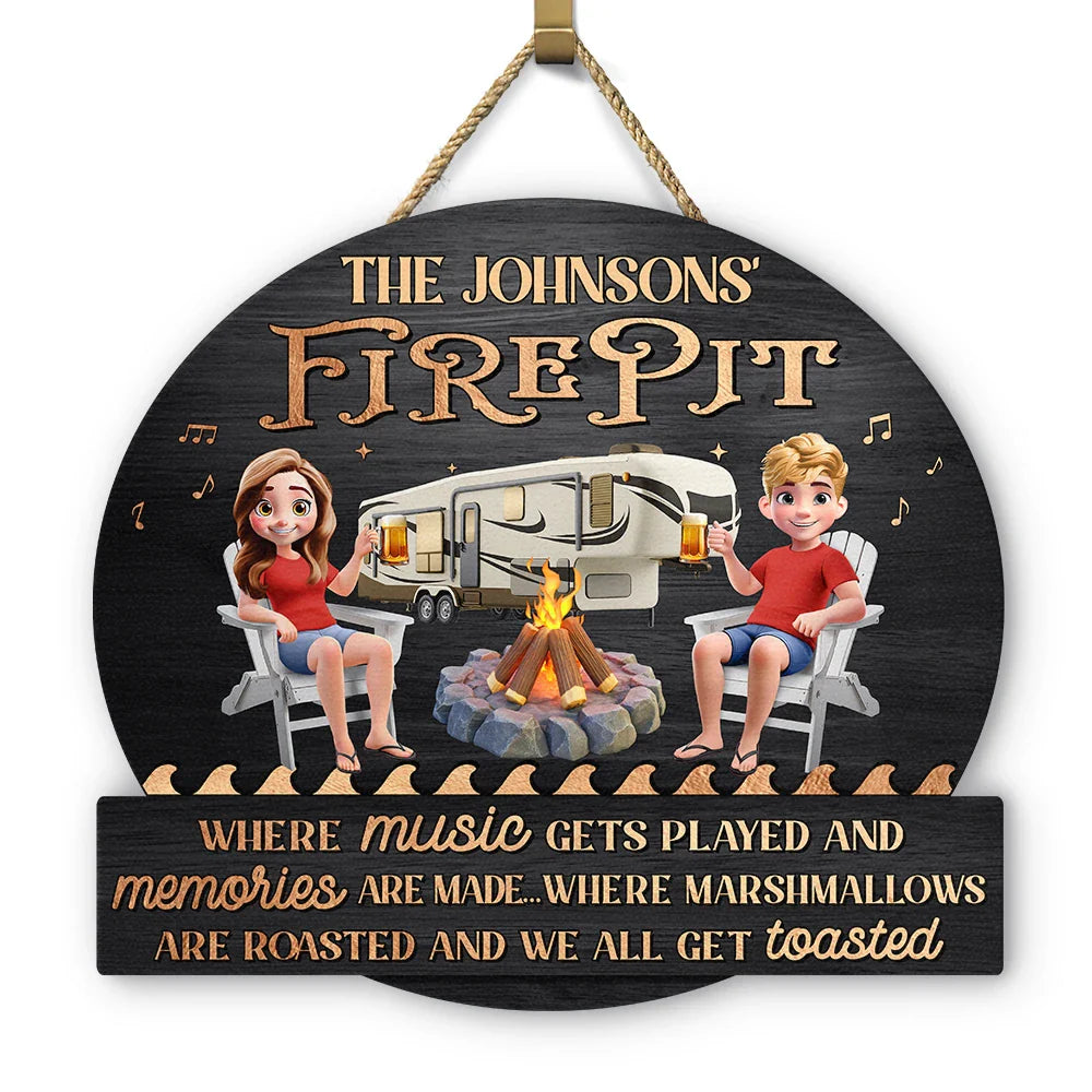 Camping Firepit Couple Where Music Gets Played - Personalized Custom Shaped Wood Sign