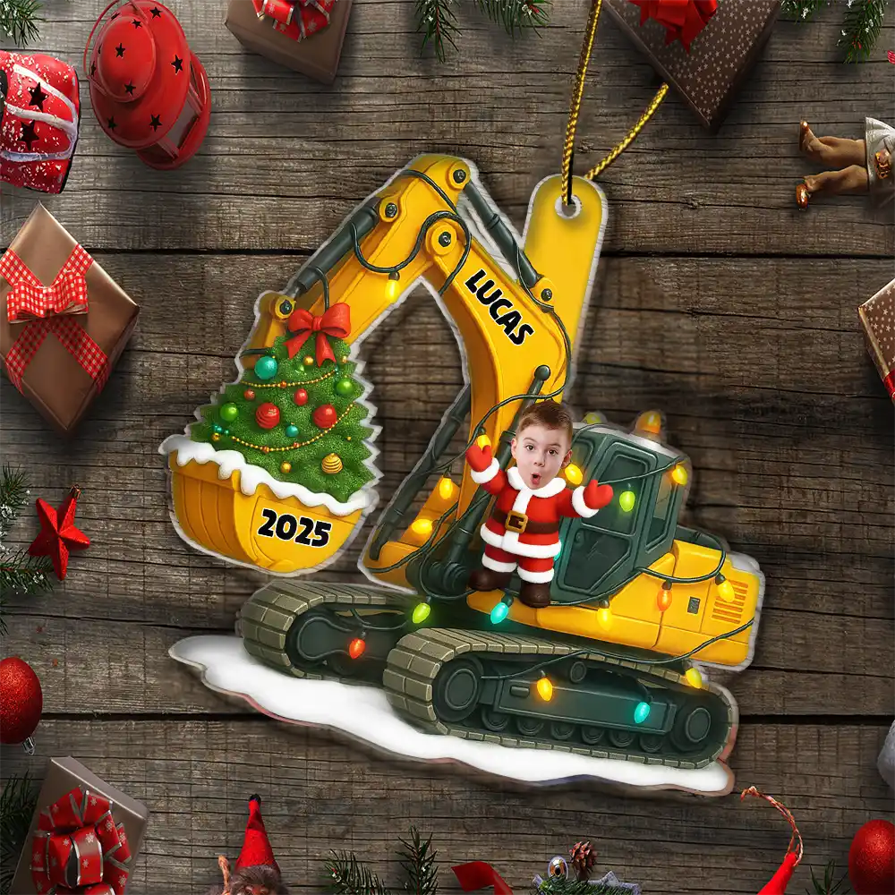Custom Photo,Christmas,Happy,Gift For Kids - Custom Photo Christmas Excavator Construction - Personalized Custom Shaped Acrylic Ornament