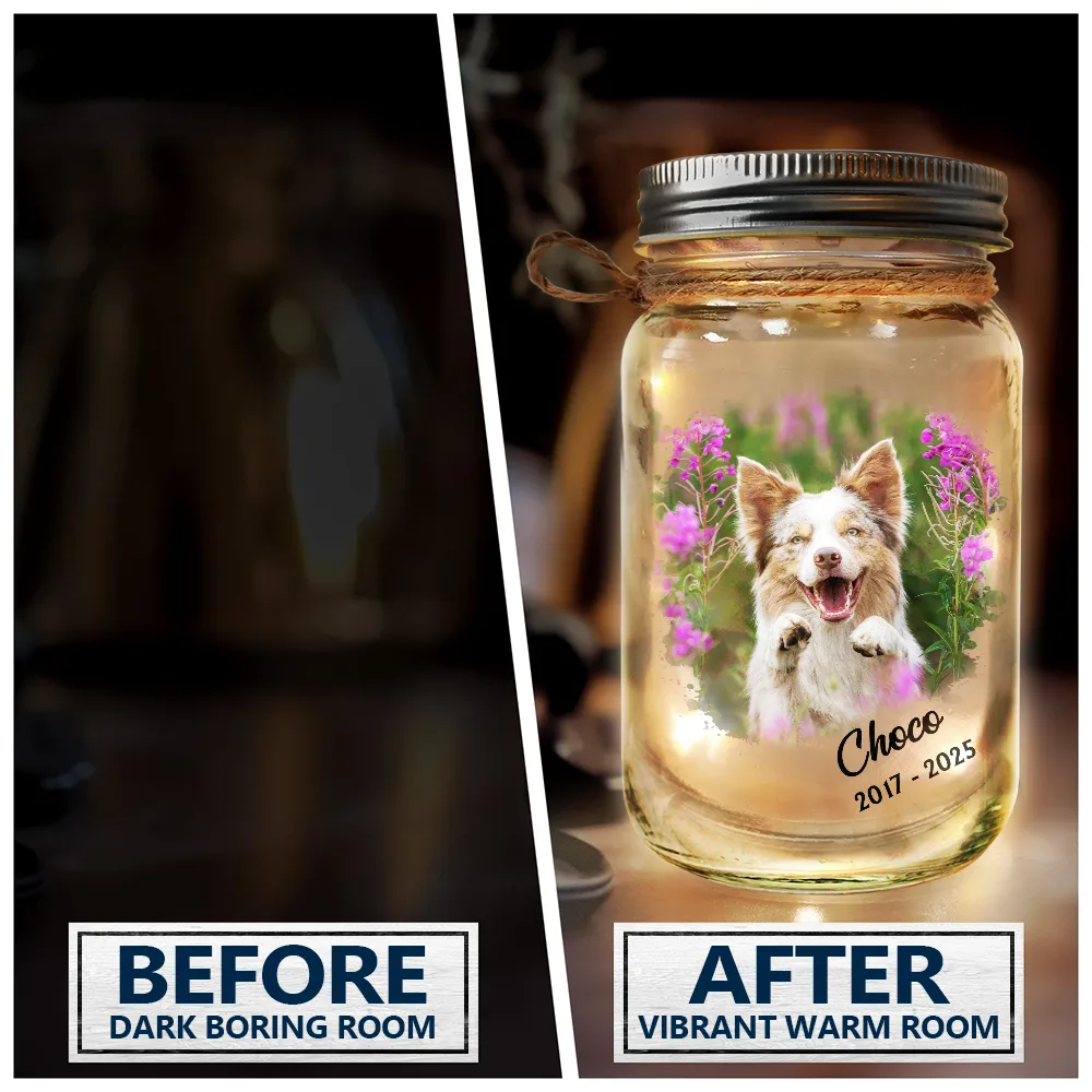 Custom Photo,Memorial,Pet Lovers,Dog Lovers,Cat Lovers,Sad - Custom Photo Dog Cat Pet Memorial The Paw Prints Left By You - Personalized Mason Jar Light