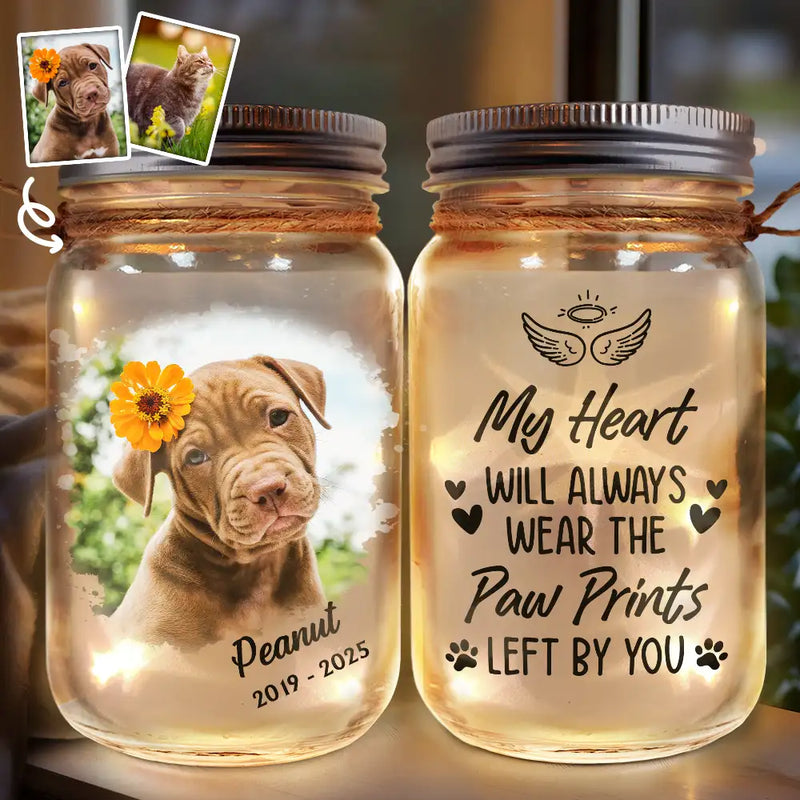 Custom Photo,Memorial,Pet Lovers,Dog Lovers,Cat Lovers,Sad - Custom Photo Dog Cat Pet Memorial The Paw Prints Left By You - Personalized Mason Jar Light