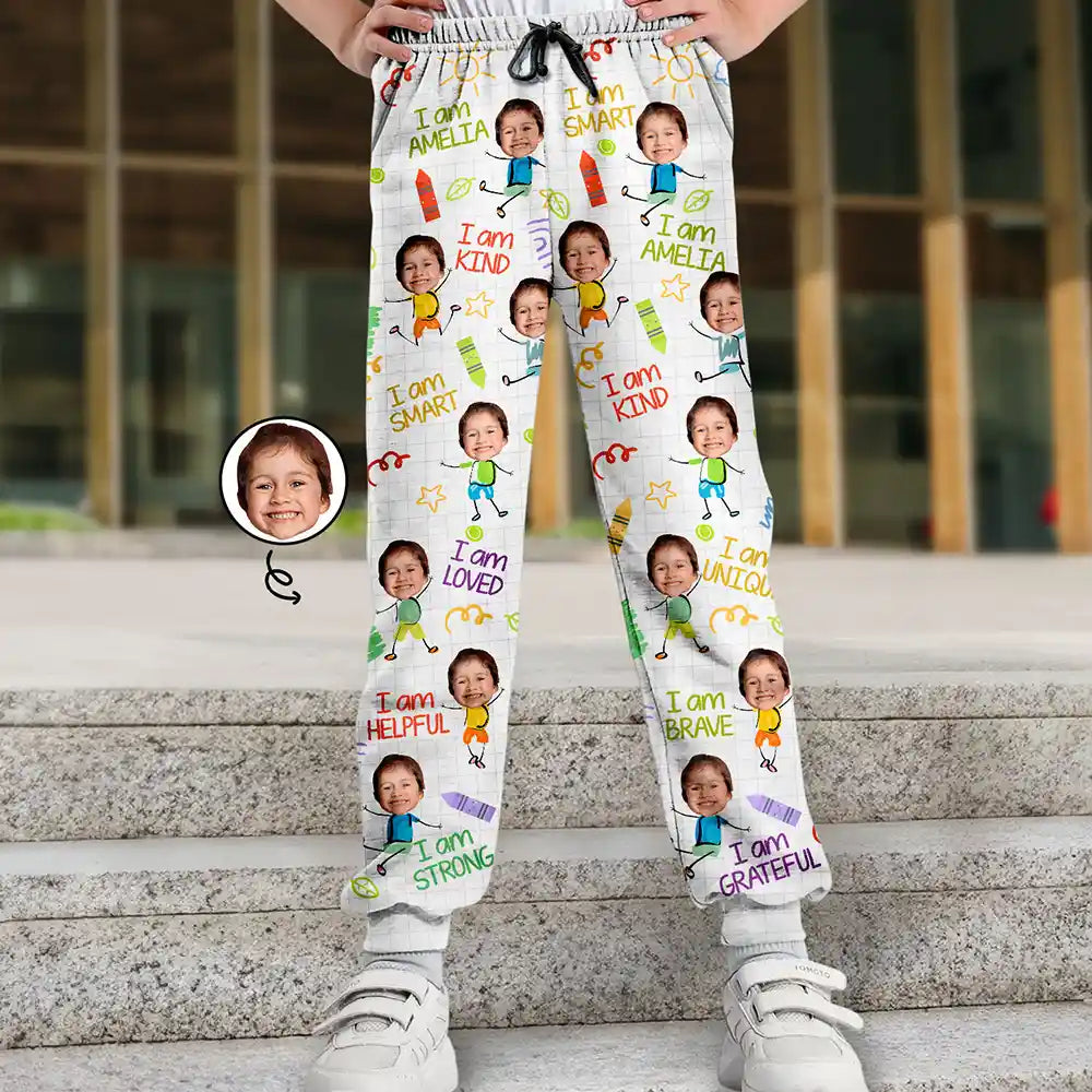 Custom Photo,Gift For Kids,Gift For Grandkids,Back To School,Happy - Custom Photo Kid Affirmations I Am Kind - Personalized Sweatpants