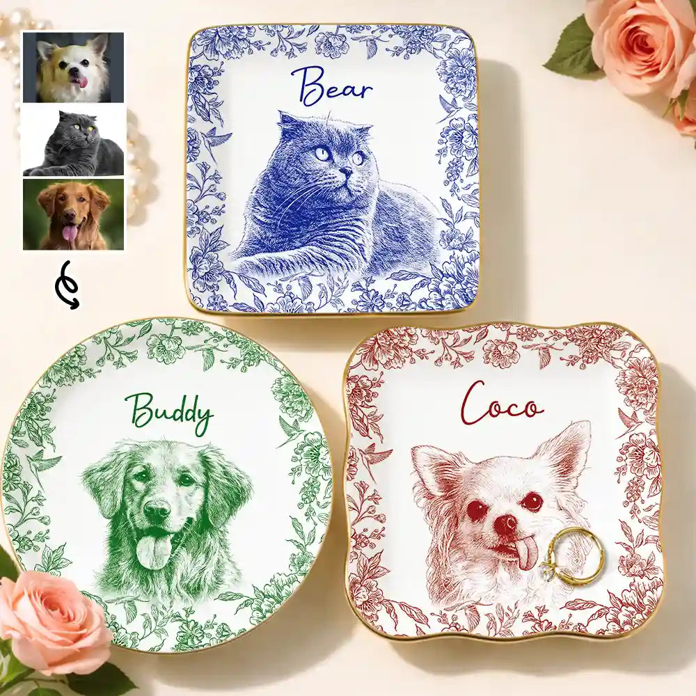 Custom Photo,Pet Lovers,Pet Mom,Pet Dad,Happy - Custom Photo Pencil Sketch Pet Photo - Personalised Ring Dish