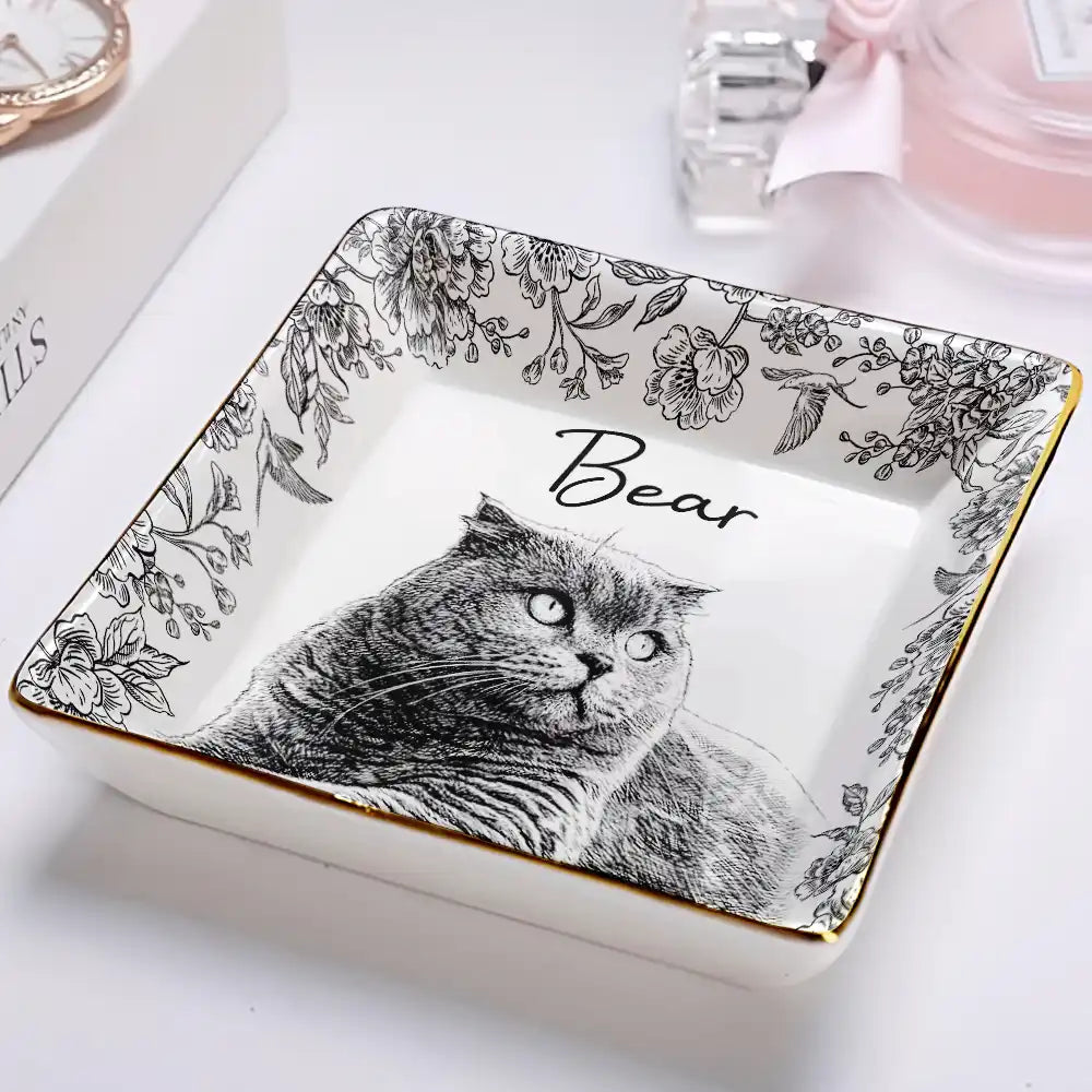 Custom Photo,Pet Lovers,Pet Mom,Pet Dad,Happy - Custom Photo Pencil Sketch Pet Photo - Personalised Ring Dish