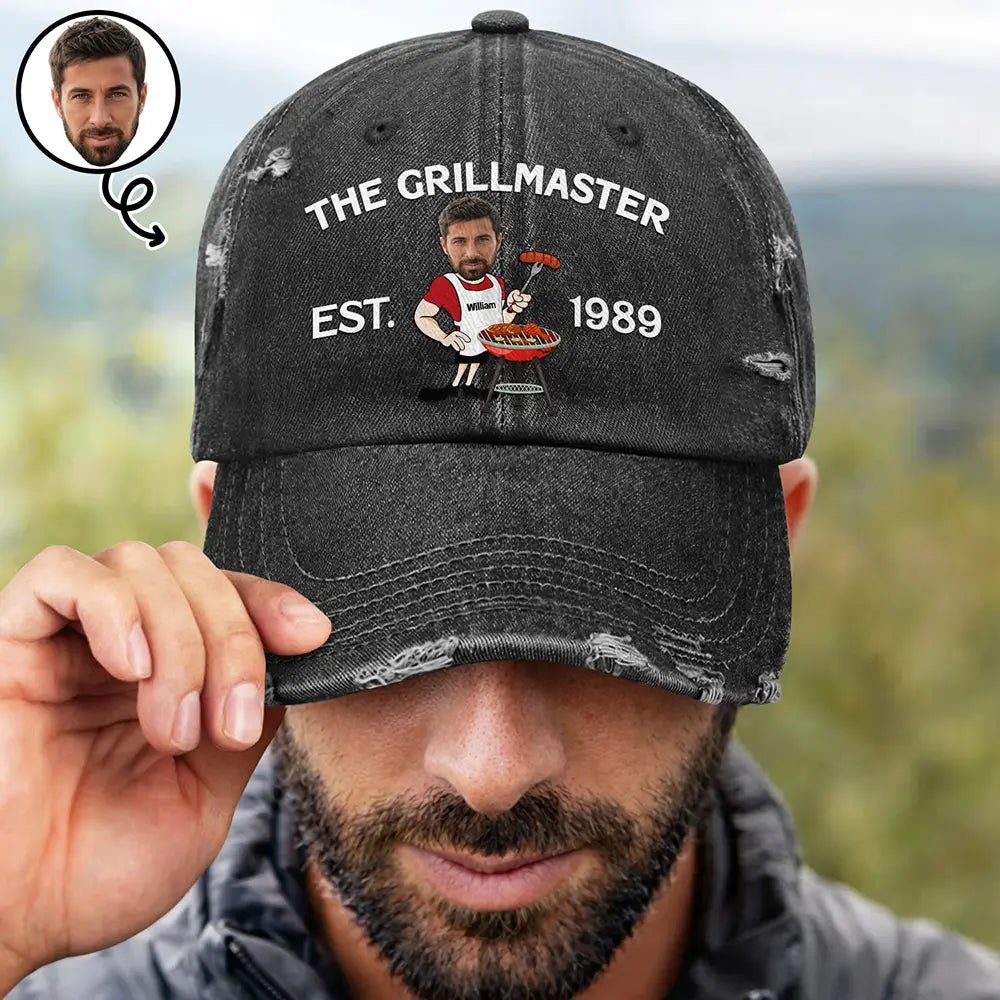 Happy, Gift For Father, Gift For Grandpa, Gift For Men, Grilling, Non-Eng, Photo, Humorous - Custom Photo The Grill Master For Him Dad Grandpa - Personalized Distressed Cap