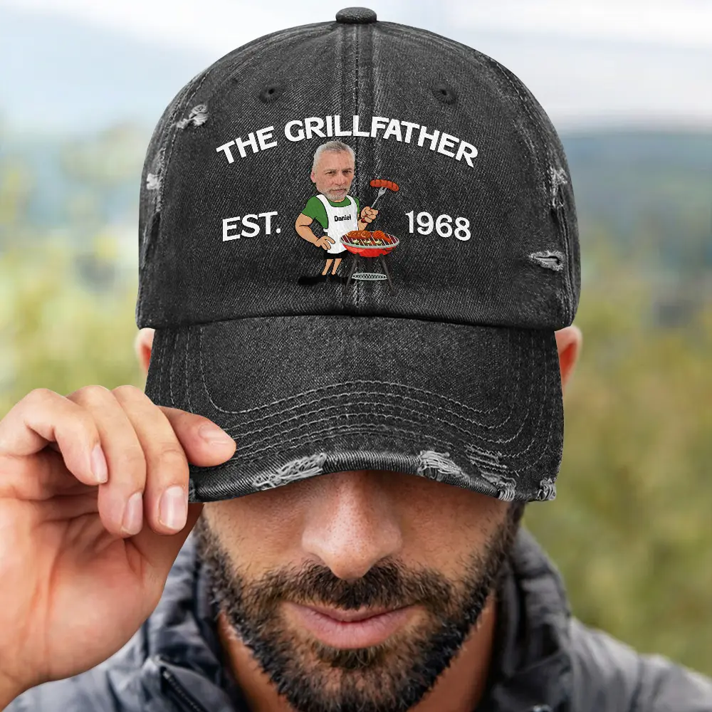 Happy, Gift For Father, Gift For Grandpa, Gift For Men, Grilling, Non-Eng, Photo, Humorous - Custom Photo The Grill Master For Him Dad Grandpa - Personalized Distressed Cap