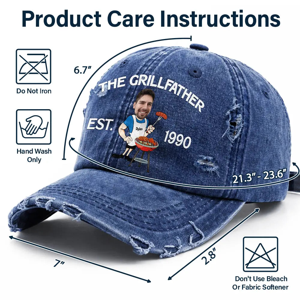 Happy, Gift For Father, Gift For Grandpa, Gift For Men, Grilling, Non-Eng, Photo, Humorous - Custom Photo The Grill Master For Him Dad Grandpa - Personalized Distressed Cap