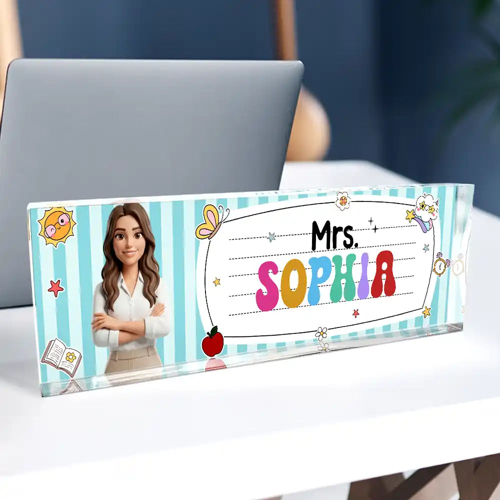 Art Design, Teacher, Back To School, Proud, Photo - Toybox Figure Half Body - Custom Photo Toybox Figure Teacher With Striped Pattern - Personalized Desk Name Plate