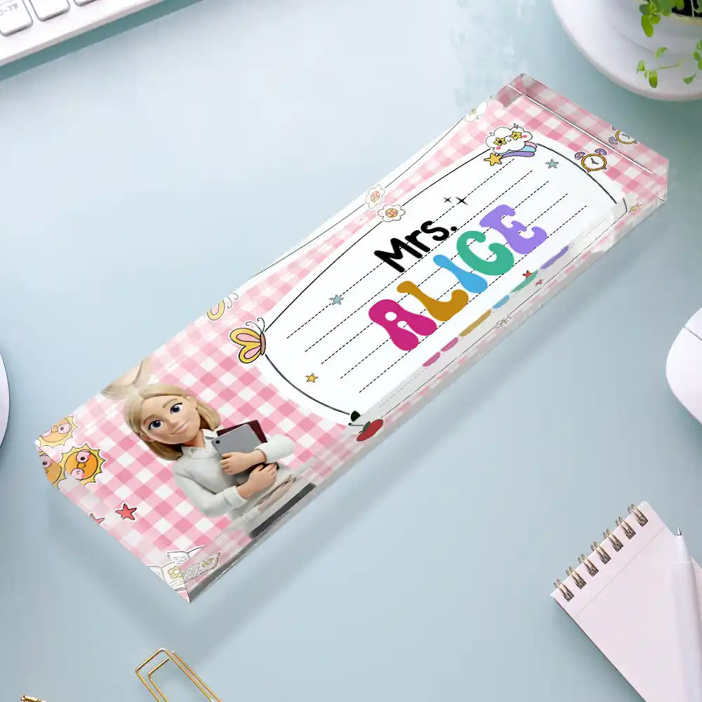 Art Design, Teacher, Back To School, Proud, Photo - Toybox Figure Half Body - Custom Photo Toybox Figure Teacher With Striped Pattern - Personalized Desk Name Plate