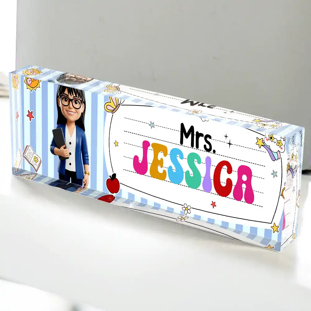 Art Design, Teacher, Back To School, Proud, Photo - Toybox Figure Half Body - Custom Photo Toybox Figure Teacher With Striped Pattern - Personalized Desk Name Plate
