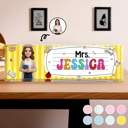 Custom Photo Toybox Figure Teacher With Striped Pattern - Personalized Desk Name Plate