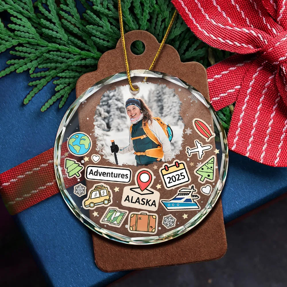 Christmas, Gift For Yourself, Travel, Happy - Custom Photo Travel Goal, Destination Of The Year - Personalized Circle Glass Ornament