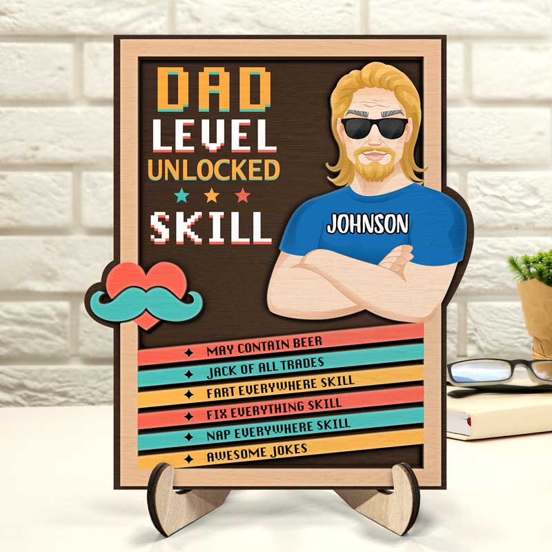 Dad Grandpa Level Unlocked - Personalized 2-Layered Wooden Plaque With Stand