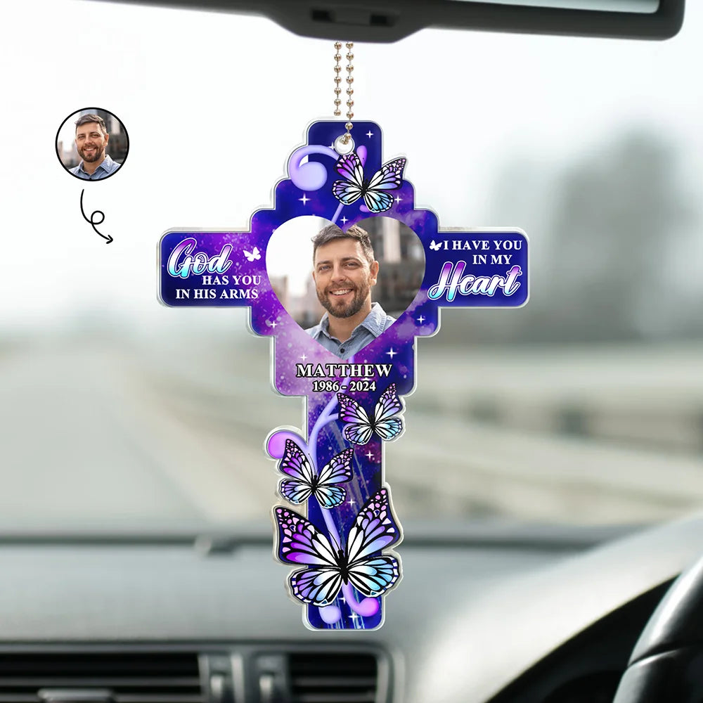 Custom Photo God Has You In His Arms - Personalized Acrylic Car Hanger