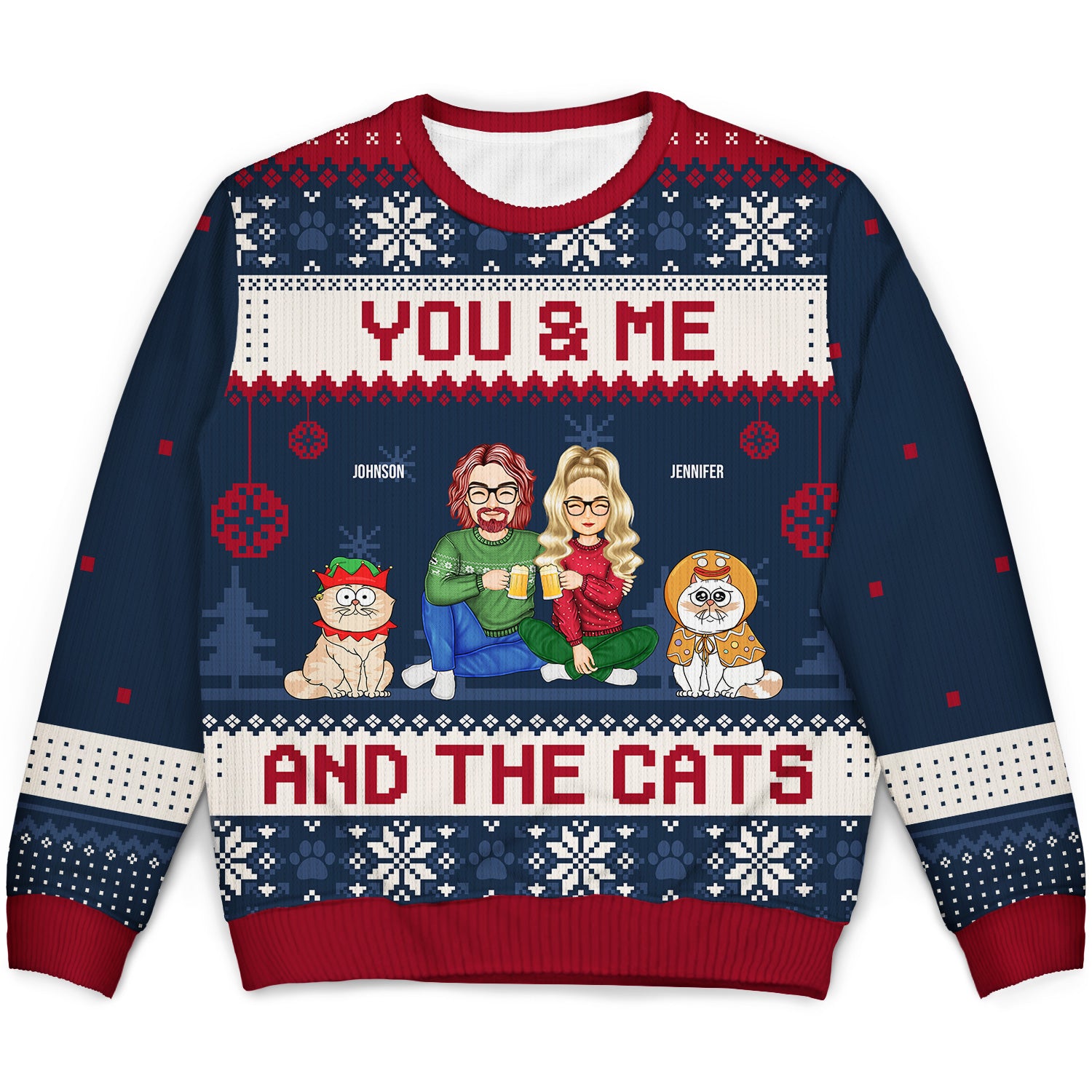 Couple You & Me And The Cats Cartoon Style - Anniversary, Christmas Gift For Cat Lovers, Couples - Personalized Unisex Ugly Sweater