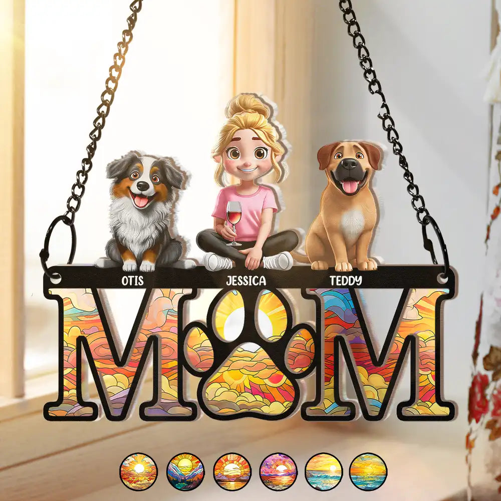 Pet Lovers, Pet Mom, Pet Dad ,Dog Lovers, Dog Mom, Dog Dad, Happy - Dog Mom Dog Dad 3D Effect - Personalized Window Hanging Suncatcher Ornament