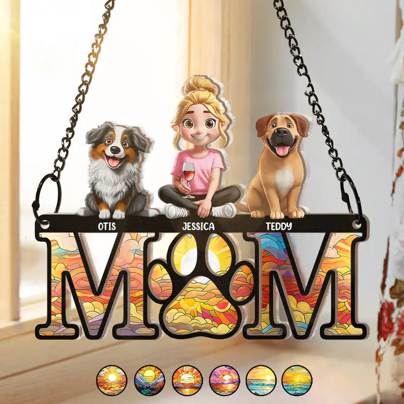 Pet Lovers, Pet Mom, Pet Dad ,Dog Lovers, Dog Mom, Dog Dad, Happy - Dog Mom Dog Dad 3D Effect - Personalized Window Hanging Suncatcher Ornament