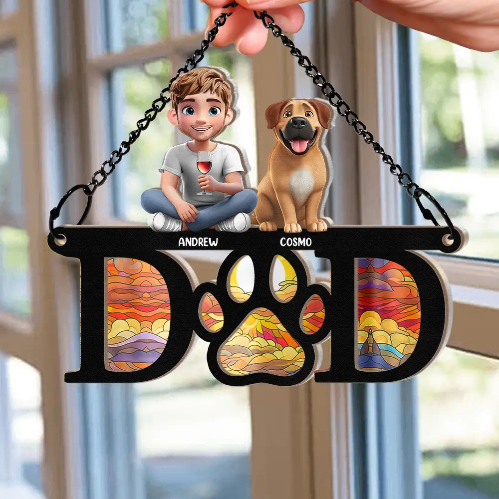 Pet Lovers, Pet Mom, Pet Dad ,Dog Lovers, Dog Mom, Dog Dad, Happy - Dog Mom Dog Dad 3D Effect - Personalized Window Hanging Suncatcher Ornament
