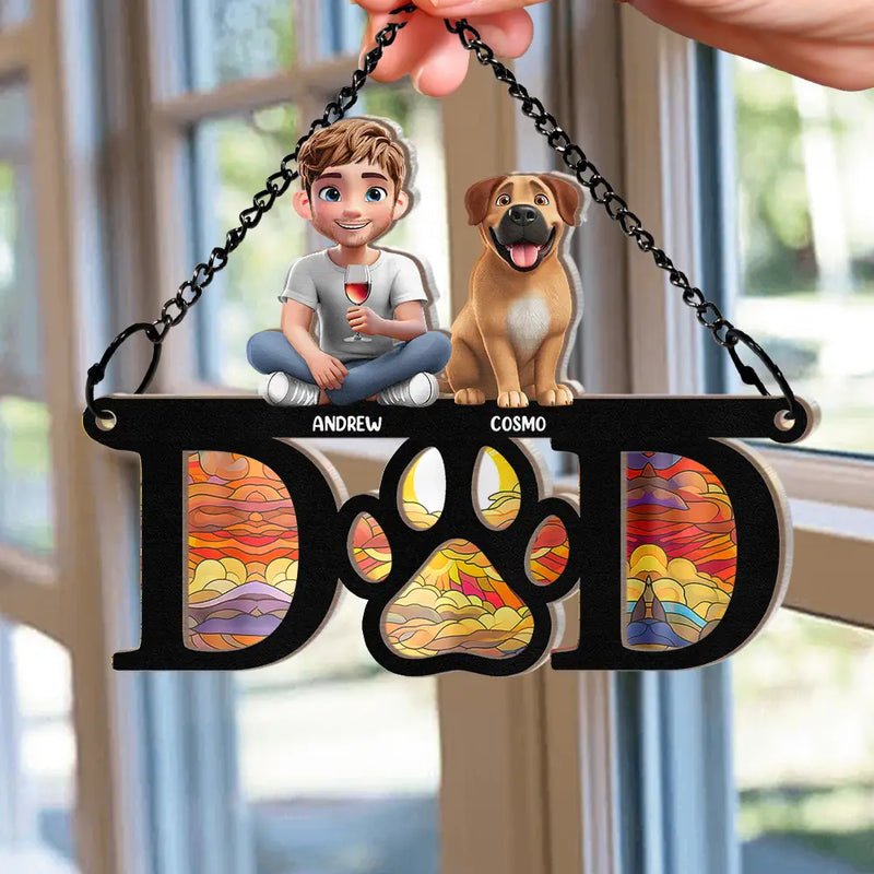 Pet Lovers, Pet Mom, Pet Dad ,Dog Lovers, Dog Mom, Dog Dad, Happy - Dog Mom Dog Dad 3D Effect - Personalized Window Hanging Suncatcher Ornament