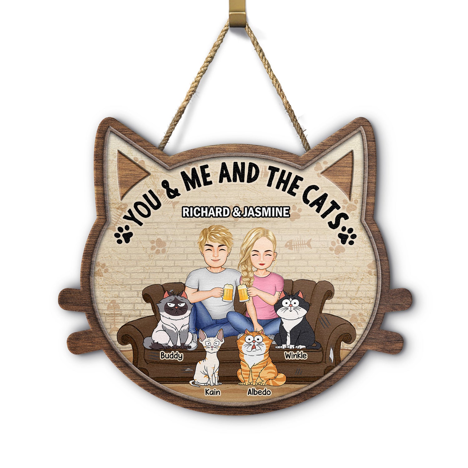 You & Me And The Cats - Gift For Cat Lovers, Gift For Couple - Personalized Custom Shaped Wood Sign