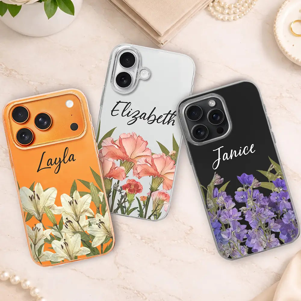 Gift For Girlfriend,Gift For Wife,Gift For Yourself,Gift For Women,Happy,Gift For Sisters,Gift For Bestie,Gift For Mother - Faux Pressed Birth Flower - Personalized Clear Phone Case