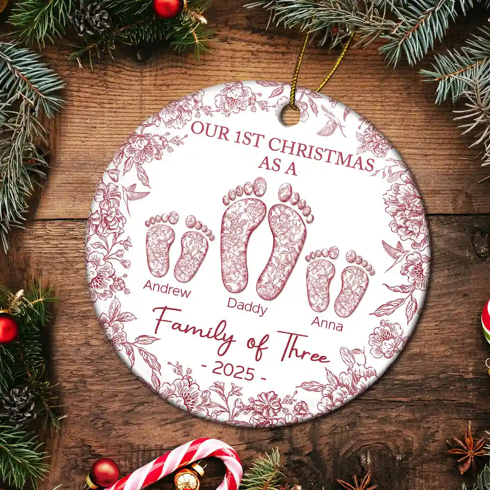 Christmas, Family, Dog Lovers, Cat Lovers, Pet Lovers, Parents, Happy - First Christmas As A Family Of Four Toile Footprints - Personalized Circle Ceramic Ornament