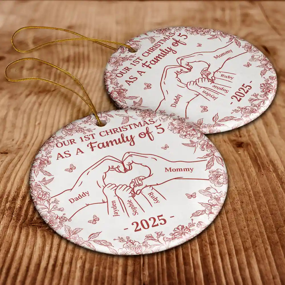 Christmas,Family,Parents,Happy,New Dad,New baby,New Mom - First Christmas As A Family Of Three Toile Hand - Personalized Circle Ceramic Ornament