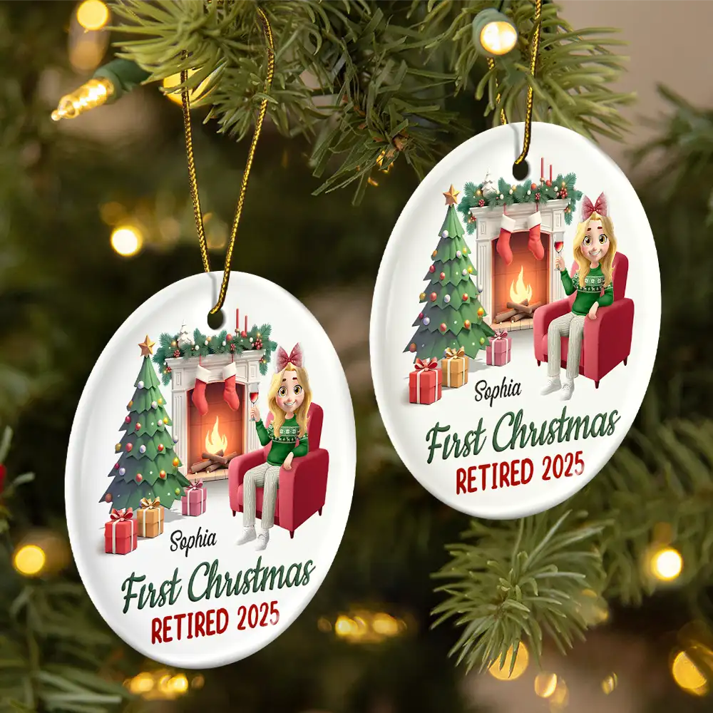 Retirement,Parents,Gift For Grandparents,Happy,Christmas,Gift For Yourself - First Christmas Retired - Personalized Circle Ceramic Ornament