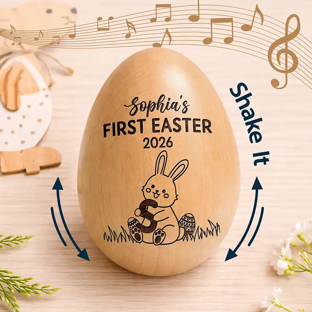 Easter,Gift For Yourself,Gift For Kids,Happy - First Easter With Alphabet - Personalised Musical Wooden Easter Egg Shaker