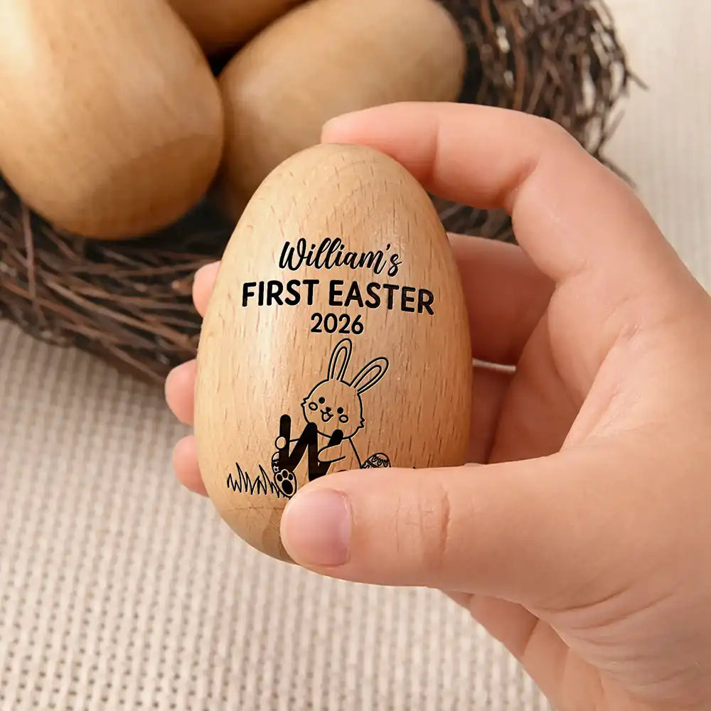 Easter,Gift For Yourself,Gift For Kids,Happy - First Easter With Alphabet - Personalised Musical Wooden Easter Egg Shaker