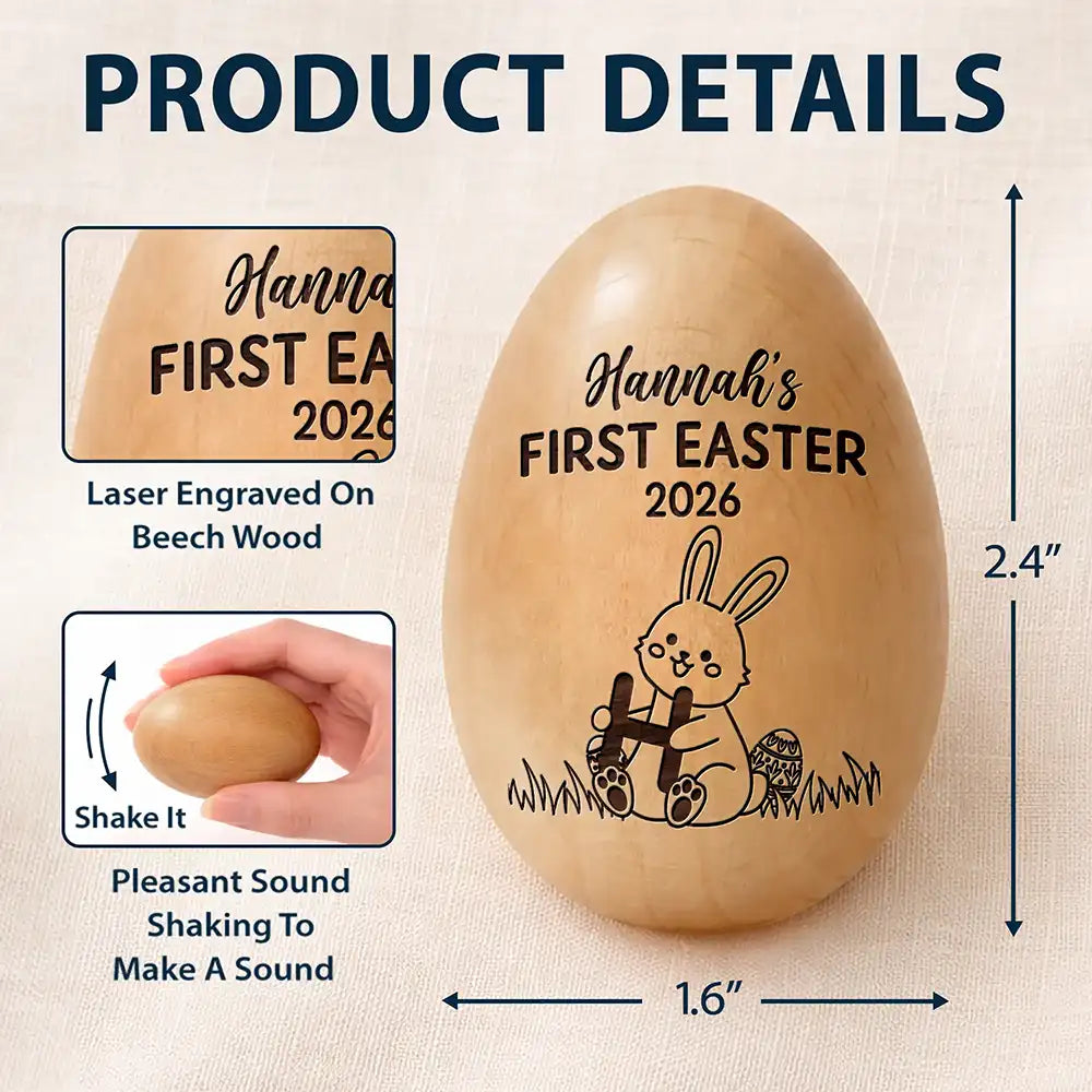 Easter,Gift For Yourself,Gift For Kids,Happy - First Easter With Alphabet - Personalised Musical Wooden Easter Egg Shaker