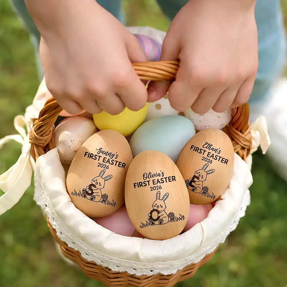 Easter,Gift For Yourself,Gift For Kids,Happy - First Easter With Alphabet - Personalised Musical Wooden Easter Egg Shaker