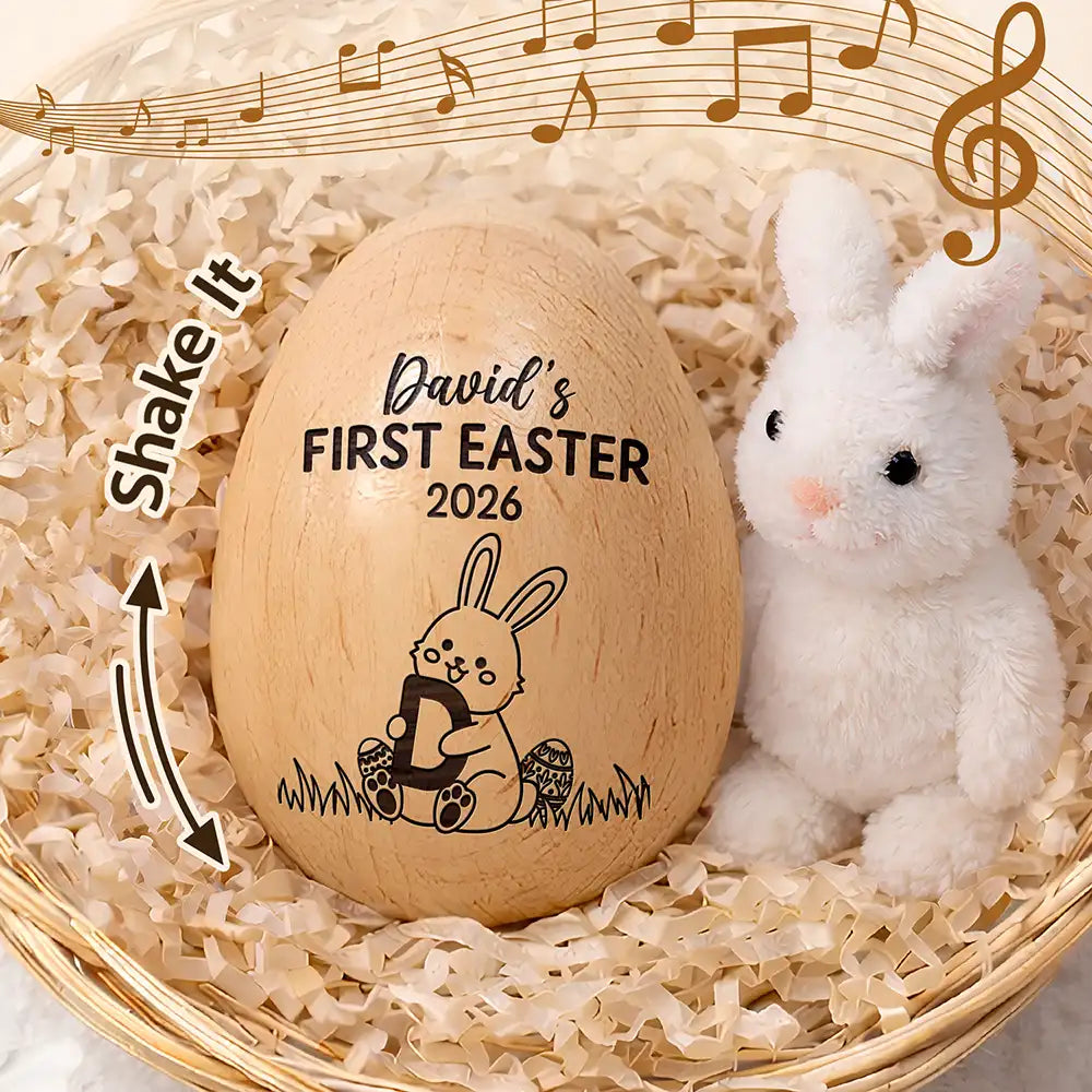 Easter,Gift For Yourself,Gift For Kids,Happy - First Easter With Alphabet - Personalised Musical Wooden Easter Egg Shaker
