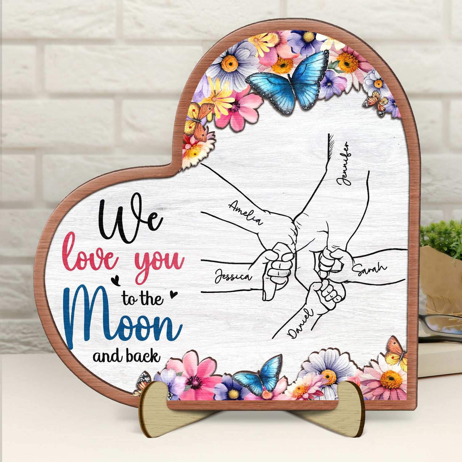 Mom Grandma We Love You To The Moon And Back - Gift For Mother, Grandmother - Personalized 2-Layered Wooden Plaque With Stand