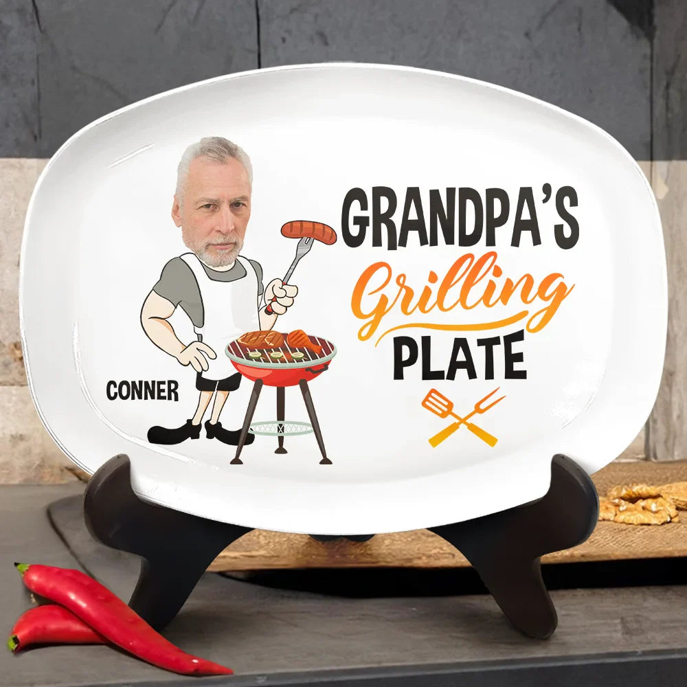 Custom Photo,Gift For Father,Gift For Grandpa,Grilling,Funny - Custom Photo Dad Grandad's Grilling Plate - Personalised Plate