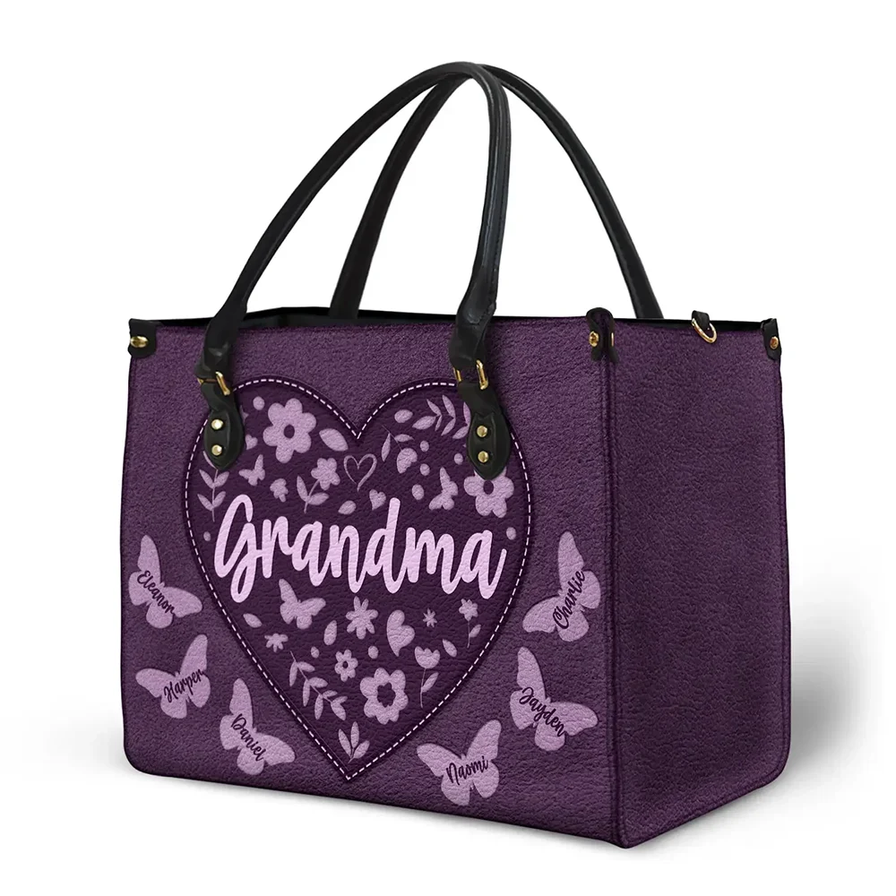 Gift For Mother,Gift For Grandma,Happy,Grandma,Grandkids - Mommy Grandma Leather Floral - Personalized Leather Bag