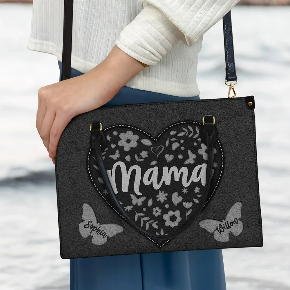 Gift For Mother,Gift For Grandma,Happy,Grandma,Grandkids - Mommy Grandma Leather Floral - Personalized Leather Bag